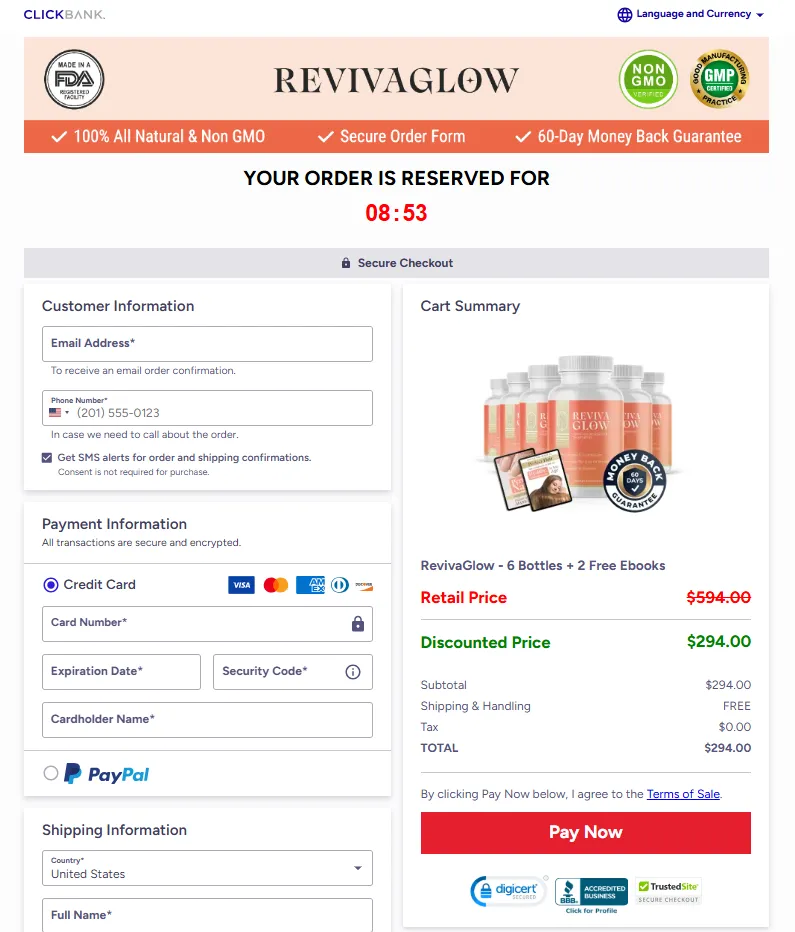 RevivaGlow™ checkout page
